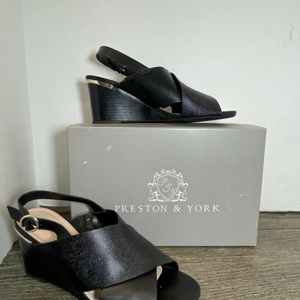 Preston & York Black Wedge Sandals. Leather upper. Size 8M. Like new. Pre-owned